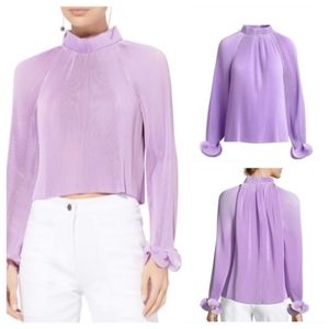 TIBI Lavender pleated cropped mock neck blouse Top